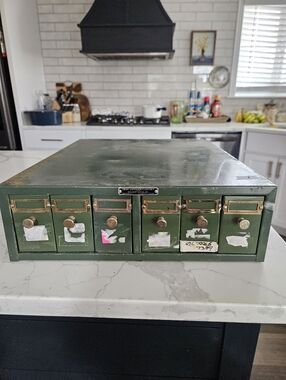 Vintage Green Metal Microscope Slide File Drawer - Olive Green Brass Knobs